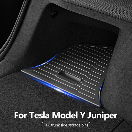 Trunk Side Storage Organizer for Tesla Model Y Juniper (2025) – Flocked TPE Boot Box with Anti-Dirty Mat