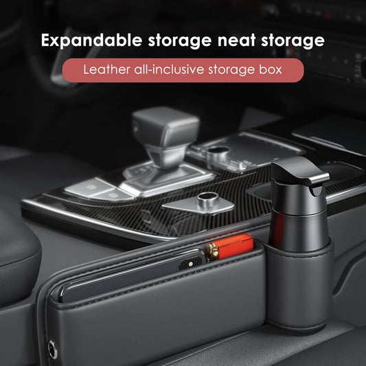 Leather Car Seat Gap Organizer – Multifunctional Console Crevice Filler with Cup Holder