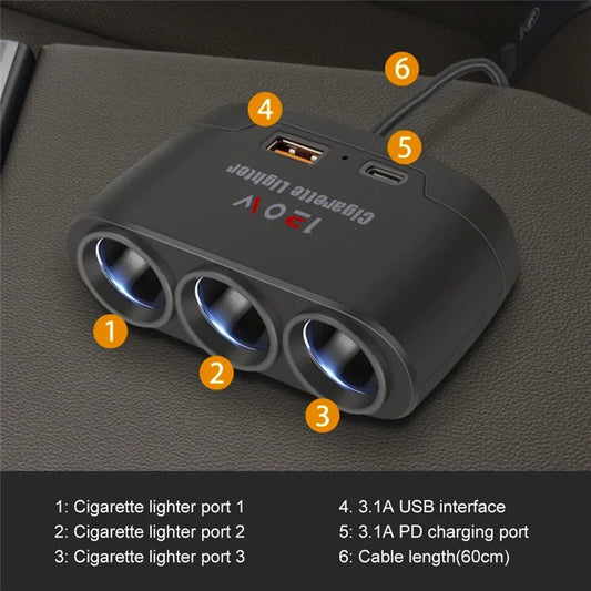 120W Dual USB Socket 3-in-1 Car Cigarette Lighter Splitter – Fast Charger & Power Adapter