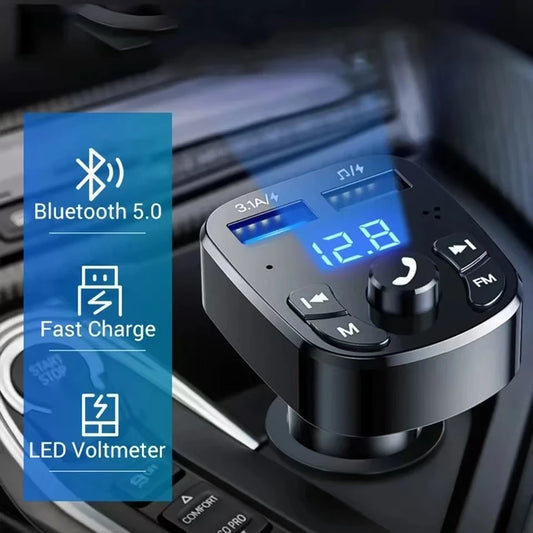Car Hands-Free Bluetooth 5.0 FM Transmitter – MP3 Player & Audio Receiver with Dual USB Fast Charging