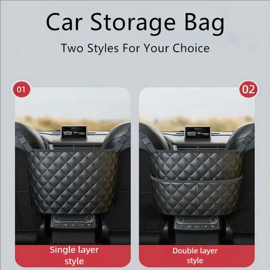 Car Middle Seat Storage Net – Large Capacity Leather Hanging Organizer for Back Seat