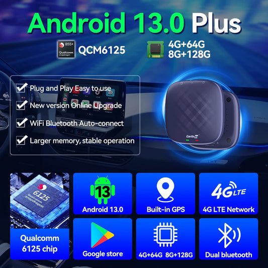 CarlinKit Android 13 AI TV Box – Wireless CarPlay & Android Auto Adapter with 8-Core QCM6125, 64GB/128GB Storage