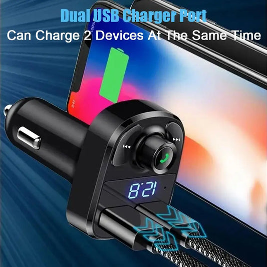 Car Charger with Wireless Bluetooth FM Transmitter – Hands-Free Calling & MP3 Music Stereo Adapter with Dual USB Ports