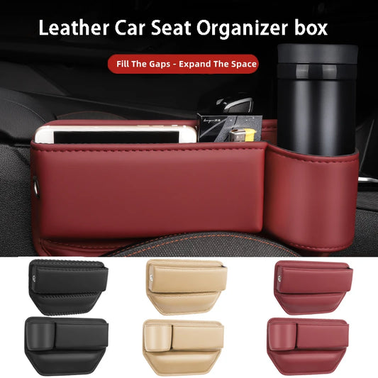 Leather Car Seat Gap Organizer – Multifunctional Console Crevice Filler with Cup Holder