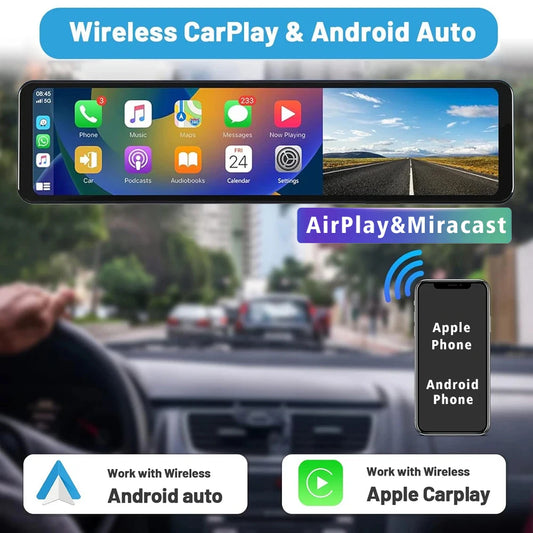 11.26" 4K 2160P Car DVR – Rear View Mirror Dash Cam with CarPlay & Android Auto