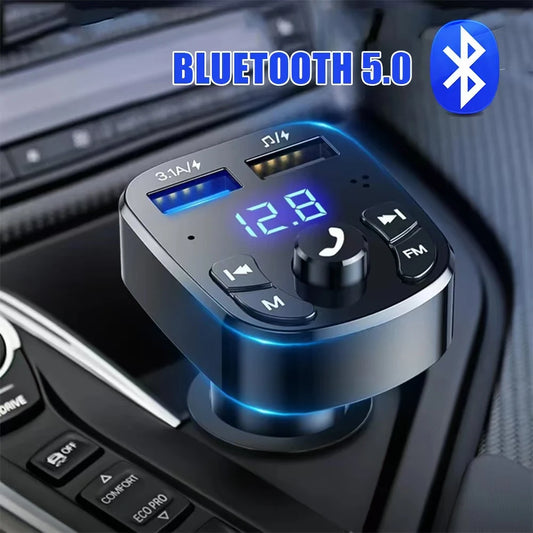 Car Hands-Free Bluetooth 5.0 FM Transmitter – MP3 Player & Audio Receiver with Dual USB Fast Charging