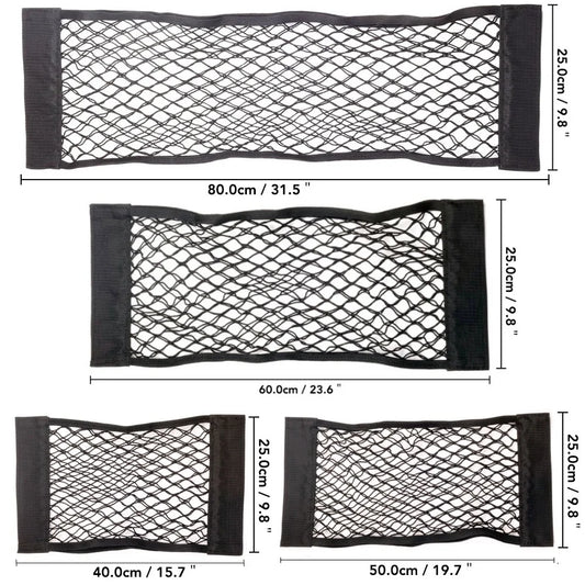 Car Back Seat Mesh Trunk Organizer – Elastic Net Pocket with Magic Sticker for Universal Storage