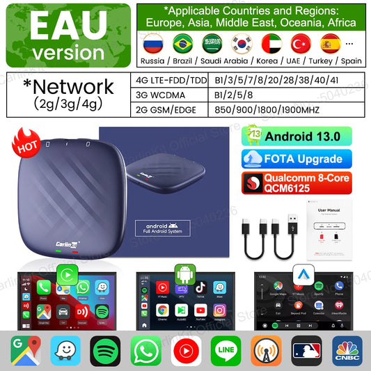 CarlinKit Android 13 AI TV Box – Wireless CarPlay & Android Auto Adapter with 8-Core QCM6125, 64GB/128GB Storage